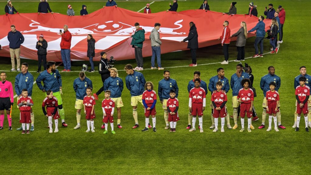 Red Bull line up for the national anthem before they kick off against Nashville SC.