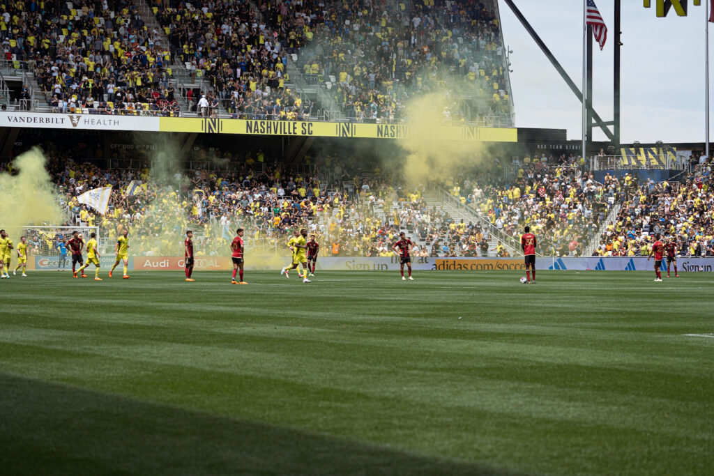 atlanta united kicking off the ball following a nashville goal